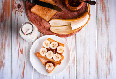 High angle view of breakfast served on table