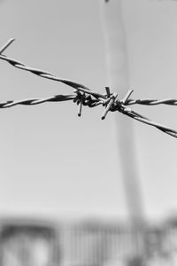 Close-up of barbed wire against sky