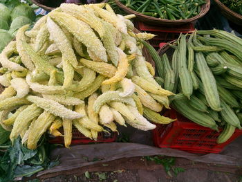 High angle view of various vegetables for sale at market stall