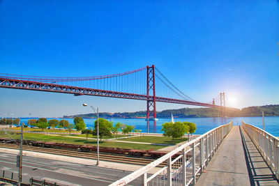 View of suspension bridge against blue sky