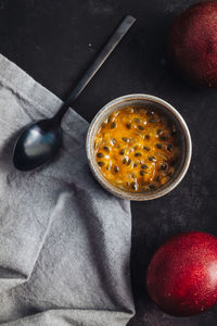 High angle view of fruits in bowl on table