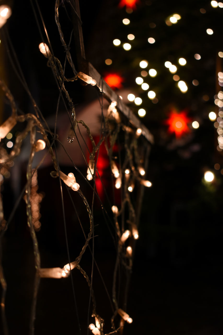 CLOSE-UP OF ILLUMINATED CHRISTMAS LIGHTS ON TREE