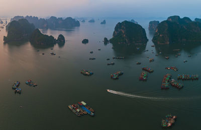 High angle view of boats in sea