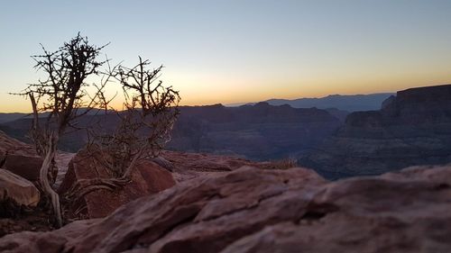 Scenic view of landscape against clear sky during sunset