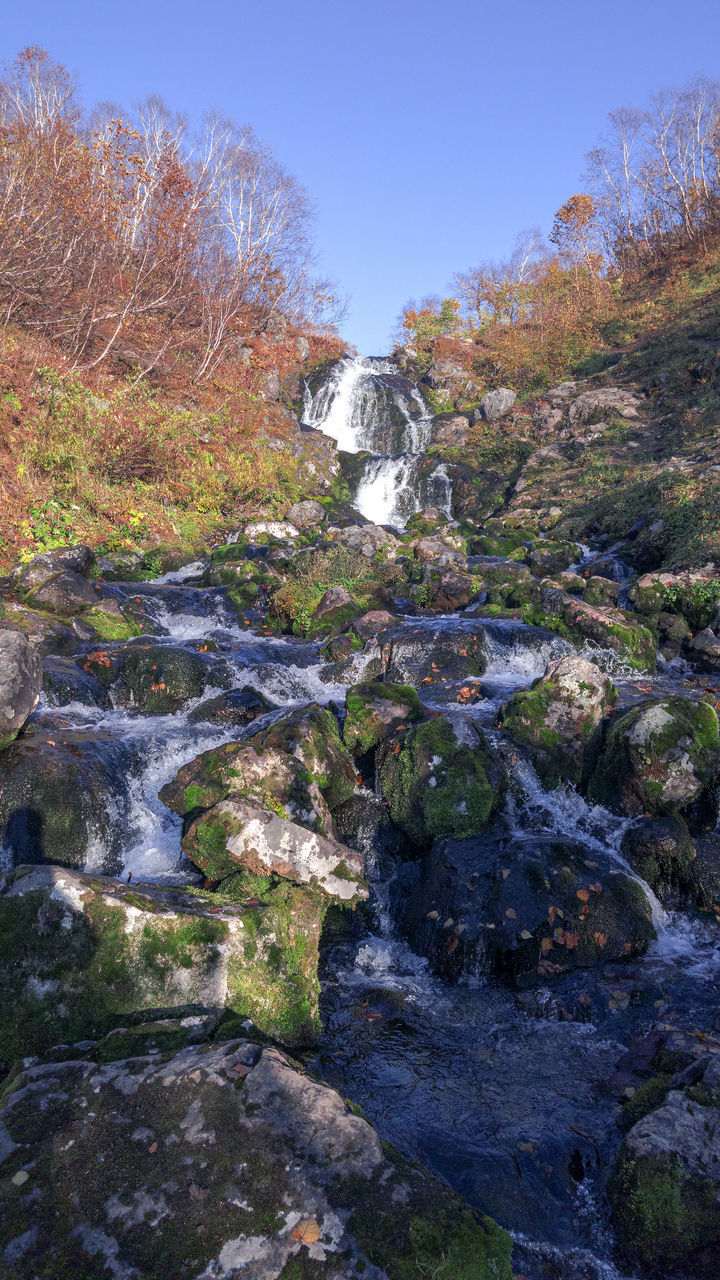 STREAM FLOWING THROUGH ROCKS AGAINST TREES