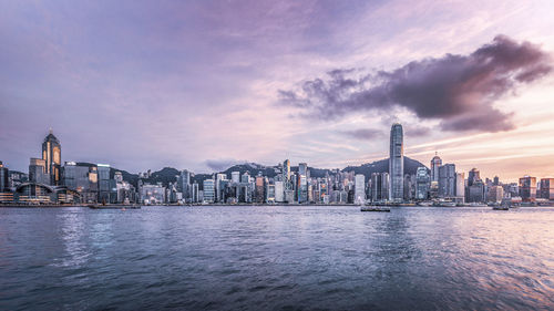 View of city buildings against cloudy sky