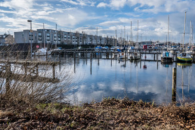 Sailboats moored at harbor against sky