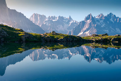 Scenic view of lake by mountains against sky