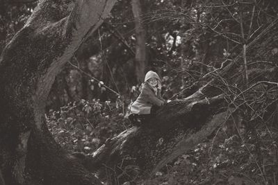 Child climbing tree at forest