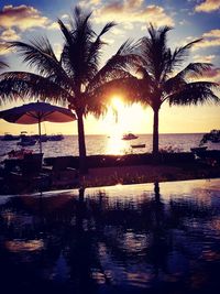 Silhouette palm trees by swimming pool against sky during sunset