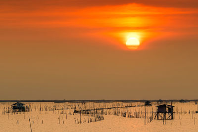 Scenic view of sea against orange sky