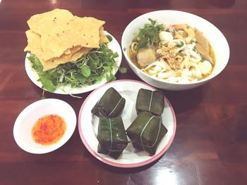 High angle view of breakfast served on table