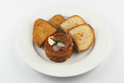 High angle view of breakfast in plate on table