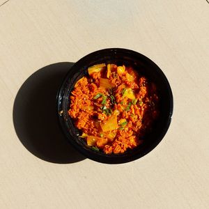 High angle view of food in bowl on table