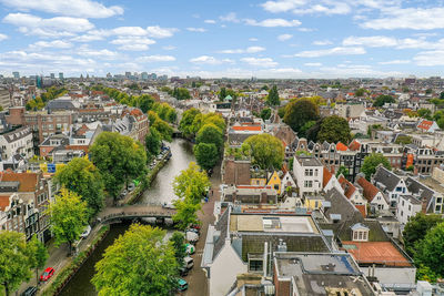 High angle shot of townscape against sky