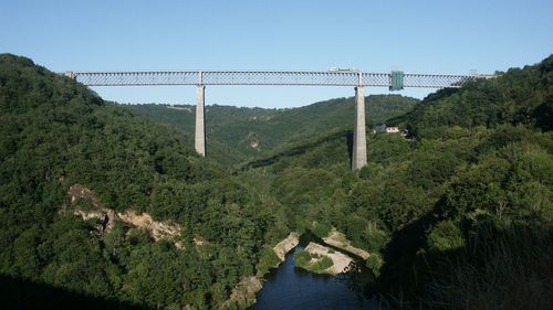 Railway bridge by tree mountain against clear sky