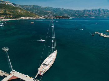 High angle view of ship sailing in sea