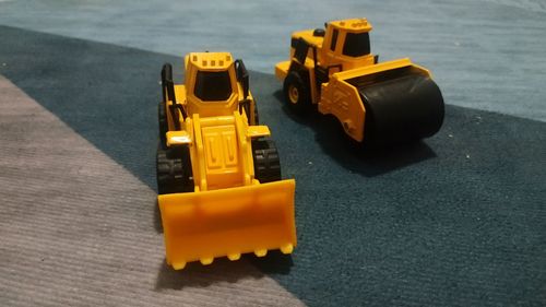 High angle view of toy car on table