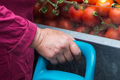 Cropped hand of person holding plastic by tomatoes for sale