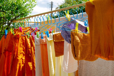 Close-up of clothes drying on clothesline