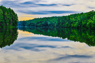 Scenic view of calm lake against cloudy sky