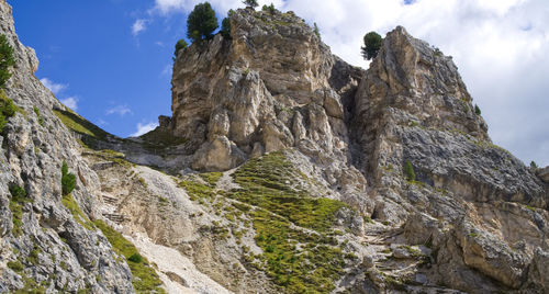 Low angle view of rocky mountains against sky