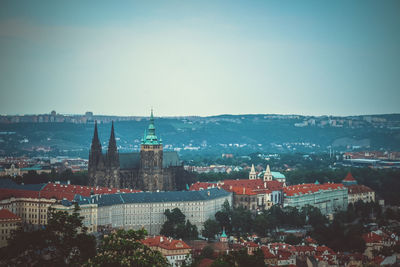 High angle view of townscape against clear sky