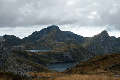 Scenic view of lake and mountains against sky