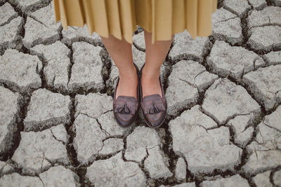 Low section of woman standing on dried land