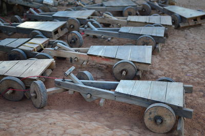High angle view of abandoned vintage car on field
