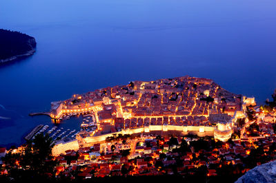 High angle view of illuminated buildings in dubrovnik city at night