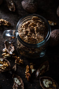 High angle view of coffee in jar on table