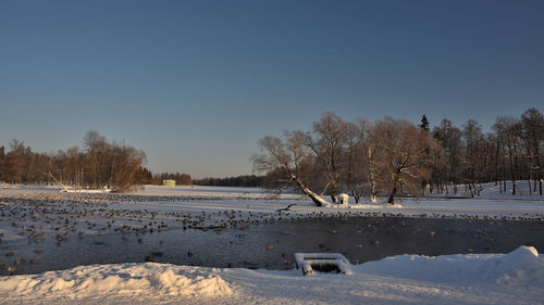 View of frozen lake against clear sky