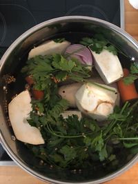 High angle view of chopped vegetables in bowl