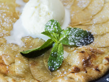 Close-up of apple tart with ice cream and mint