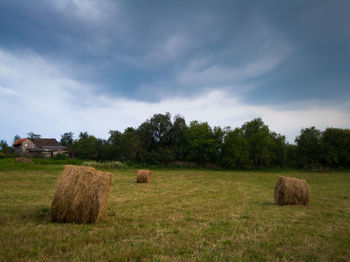 Hay bales on field against sky