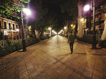 Rear view of man walking on illuminated street at night