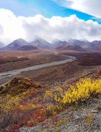 Scenic view of mountains against cloudy sky