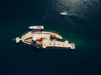 High angle view of ship moored in sea