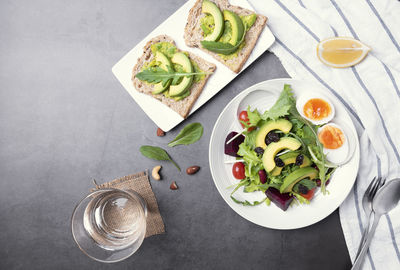 High angle view of breakfast served on table