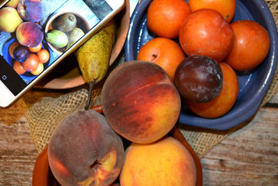 High angle view of fruits in bowl on table