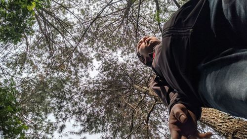 Low section of woman standing on ground in forest