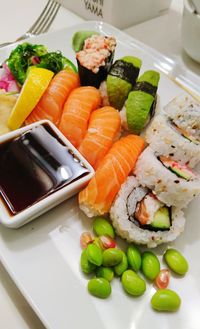 High angle view of sushi in plate