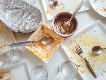 High angle view of breakfast on table