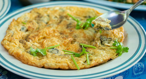 Close-up of pizza served in plate