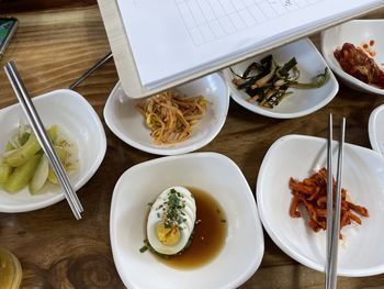 High angle view of food served on table