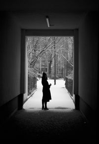 Rear view of man walking in window