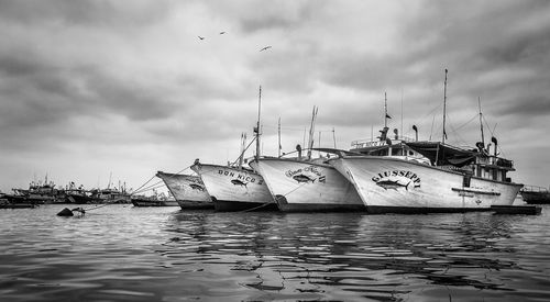 Boats moored at harbor against sky