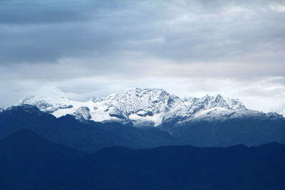 Scenic view of snow covered mountains against sky