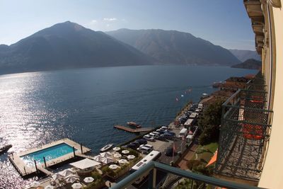 High angle view of bay against mountains